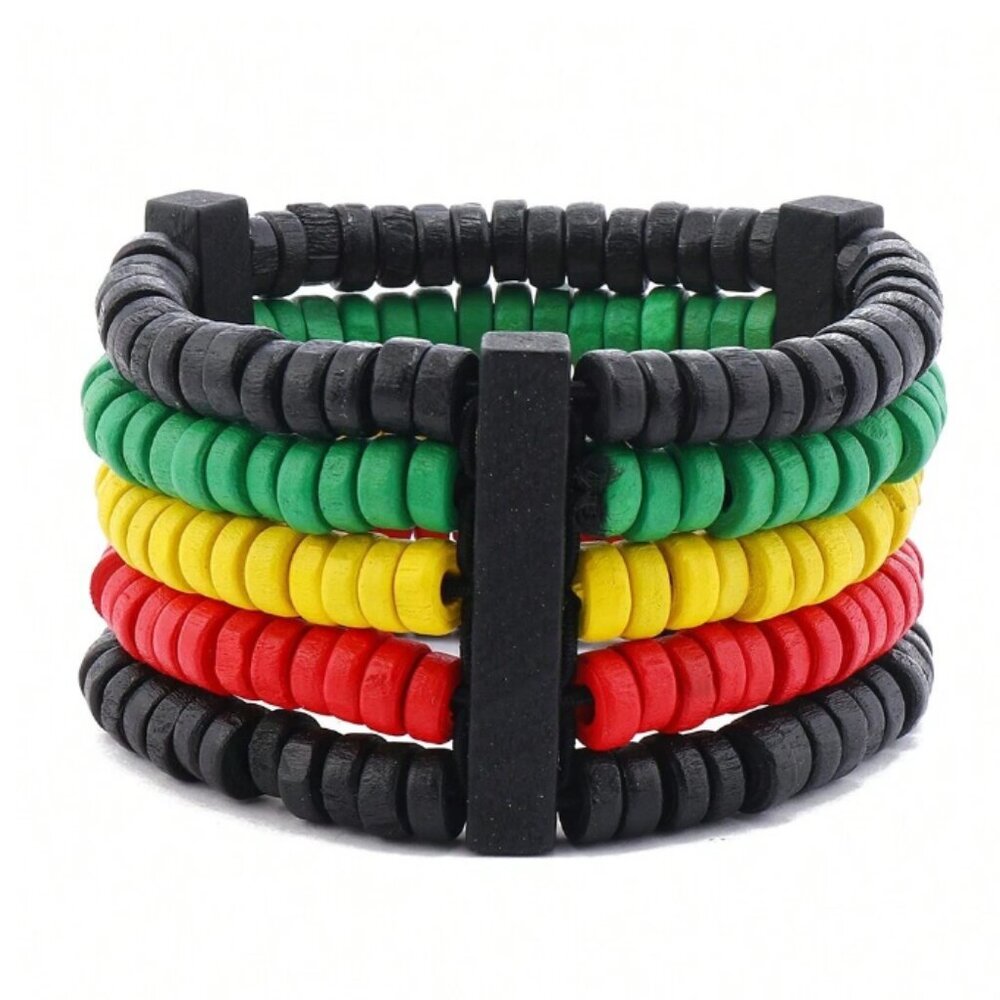 Colorful Wooden Bead | Elastic Bracelet w Red, Yellow, Green and Black Chips |